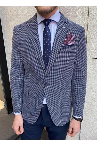 Gomez Erkek Lacivert Armürlü Poliviskon Kumaşlı Slim Fit Spor Blazer Ceket