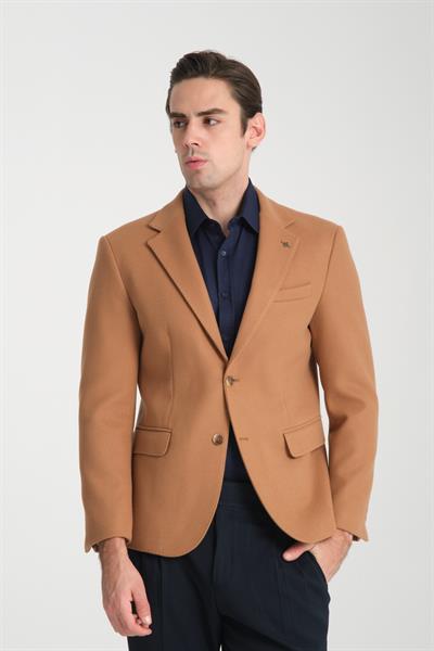 Grande Erkek Camel Kaşe Kumaşlı Mono Yaka Slim Fit Spor Blazer Ceket