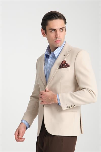 Grande Erkek Krem Kaşe Kumaşlı Mono Yaka Slim Fit Spor Blazer Ceket