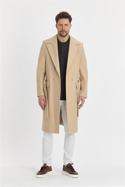Grande Erkek Krem Oversize Kalıp Beli Kendinden Kemerli Uzun Kaşe Palto