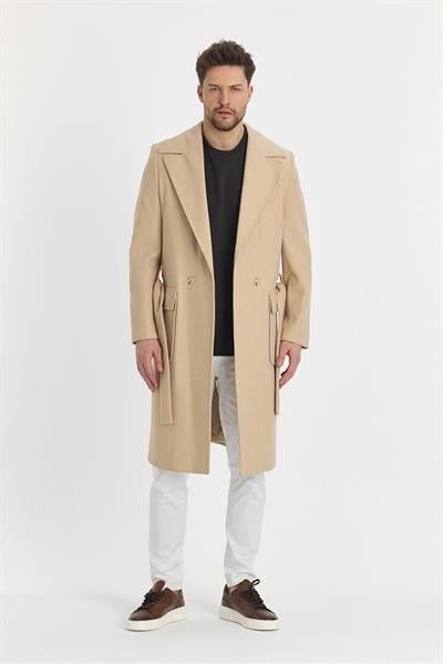 Grande Erkek Krem Oversize Kalıp Beli Kendinden Kemerli Uzun Kaşe Palto