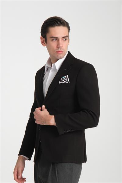 Grande Erkek Siyah Kaşe Kumaşlı Mono Yaka Slim Fit Spor Blazer Ceket