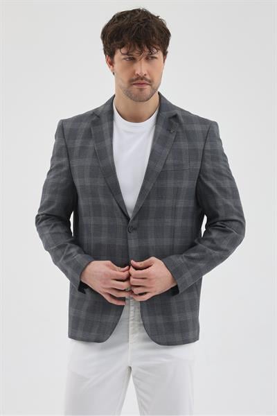 Guido Erkek Lacivert Poliviskon Kumaşlı Slim Fit Mono Yaka Spor Blazer Ceket