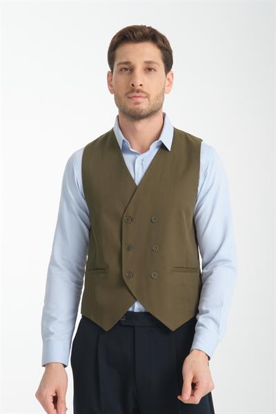 Haki Kruvaze V Yaka Düz Yelek Slim Fit