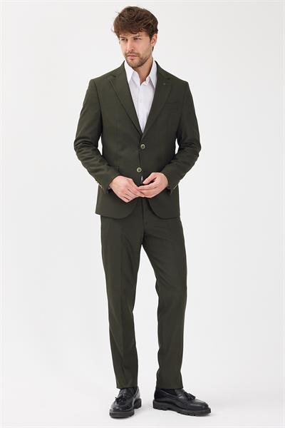 Haldey Erkek Haki Poliviskon Kumaşlı Mono Yaka Kapak Cepli Yarım Astar Slim Fit 2li Takım Elbise
