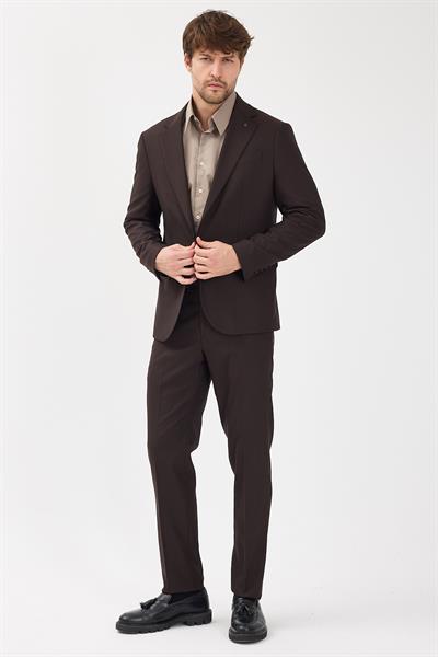 Haldey Erkek Kahve Poliviskon Kumaşlı Mono Yaka Kapak Cepli Yarım Astar Slim Fit 2li Takım Elbise
