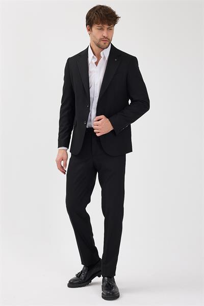 Haldey Erkek Siyah Poliviskon Kumaşlı Mono Yaka Kapak Cepli Yarım Astar Slim Fit 2li Takım Elbise