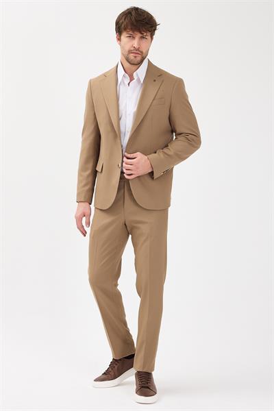 Haldey Erkek Vizon Poliviskon Kumaşlı Mono Yaka Kapak Cepli Yarım Astar Slim Fit 2li Takım Elbise