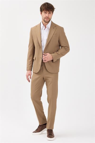 Haldey Erkek Vizon Poliviskon Kumaşlı Mono Yaka Kapak Cepli Yarım Astar Slim Fit 2li Takım Elbise