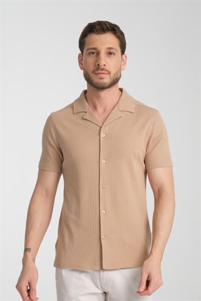 İnce Apaç Yaka Erkek Kısa Kol Waffle Spor Gömlek Cepli Standart Fit