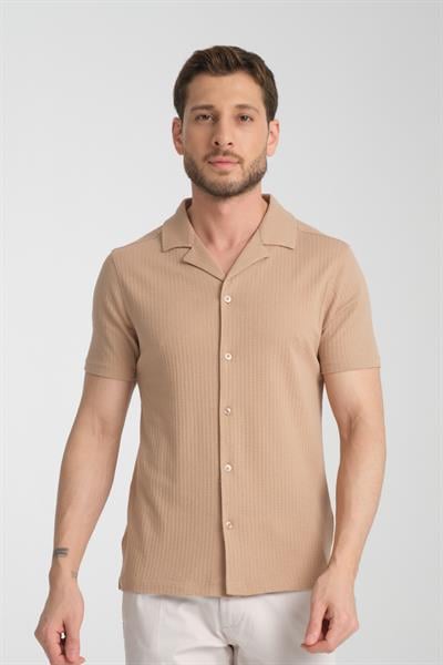 İnce Apaç Yaka Erkek Kısa Kol Waffle Spor Gömlek Cepli Standart Fit