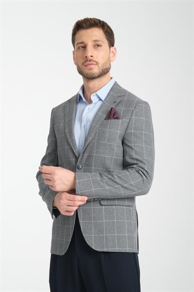 İnce Ekose Desenli Spor Erkek Blazer Mono Yaka Tam Astar Ceket