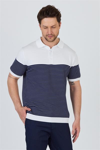JAEN Erkek Beyaz-Lacivert Pamuk Karışımlı Kendinden Çizgili Slim Fit Polo Yaka Triko T-Shirt