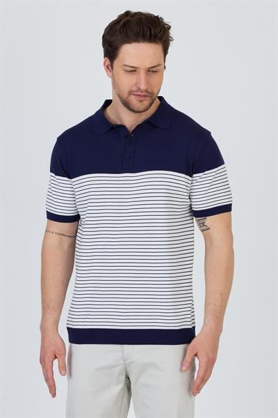 JAEN Erkek Lacivert-Beyaz Pamuk Karışımlı Kendinden Çizgili Slim Fit Polo Yaka Triko T-Shirt