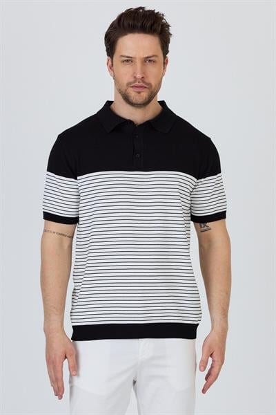JAEN Erkek Siyah-Beyaz Pamuk Karışımlı Kendinden Çizgili Slim Fit Polo Yaka Triko T-Shirt