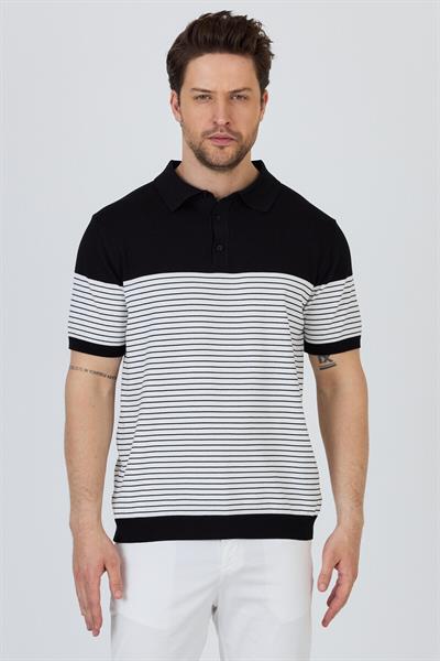 JAEN Erkek Siyah-Beyaz Pamuk Karışımlı Kendinden Çizgili Slim Fit Polo Yaka Triko T-Shirt