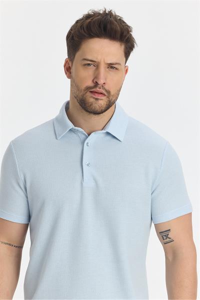 Jaguar Erkek BuzMavi Pamuk Karışımlı Çekmeyen Likralı Kumaş Yırtmaç Detaylı SlimFit PoloYaka T-Shirt