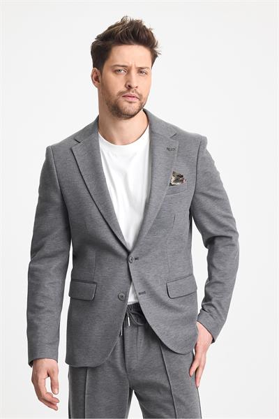 Jasino Erkek Gri Pamuklu Likralı Slim Fit Örme Esneyen Mono Yaka Blazer Ceket