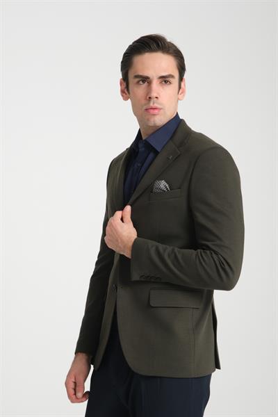 Jasino Erkek Lacivert Pamuklu Likralı Slim Fit Örme Esneyen Mono Yaka Blazer Ceket