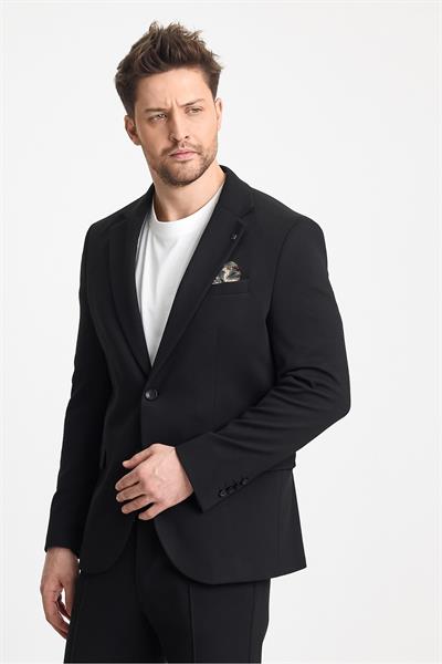 Jasino Erkek Siyah Pamuklu Likralı Slim Fit Örme Esneyen Mono Yaka Blazer Ceket