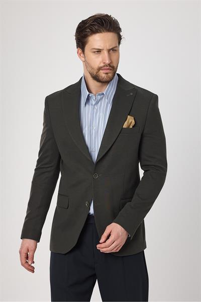 Jasino Svr Erkek Haki Pamuklu Likralı Slim Fit Örme Esneyen Sivri Yaka Casual Blazer Ceket