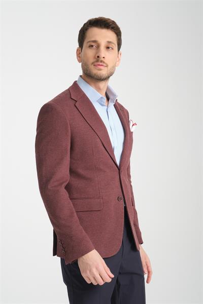 Jasto Erkek Bordo Kendinden Desenli Örme Kumaş Slim Fit Dar Kesim Blazer Ceket