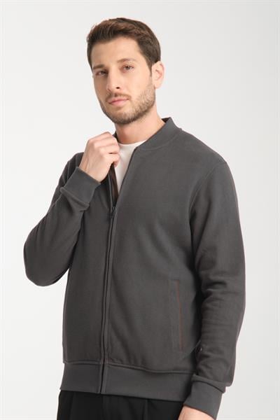 Joyson Erkek Gri Slim Fit Dar Kesim Dik Yaka Uzun Fermuarlı Düz Sweatshirt