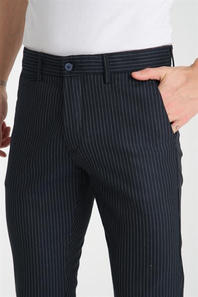Kalın Çizgili Desenli Erkek Yandan Cepli Klasik Bel Slim Fit Chino Pantolon