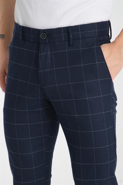 Kalın Ekose Desenli Erkek Yandan Cepli Klasik Bel Slim Fit Chino Pantolon