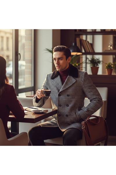 Kalın Erkek Ekose Desenli Kaşe Kaban Slim Fit