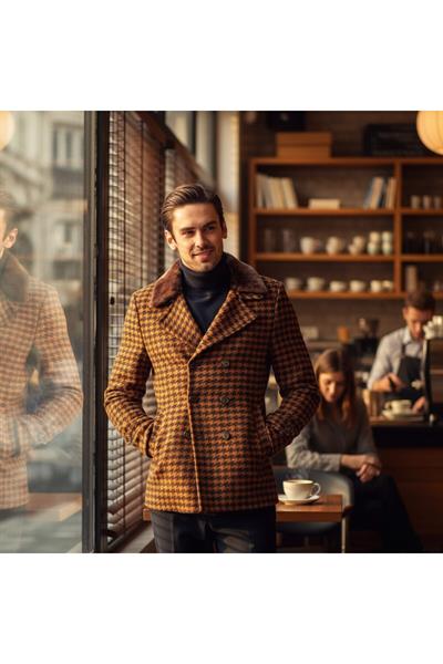 Kalın Erkek Kaşe Kaban Kuşgözü Desenli Slim Fit