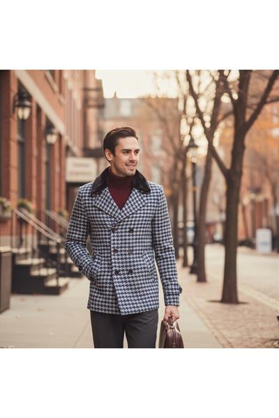 Kalın Erkek Kaşe Kaban Kuşgözü Desenli Slim Fit