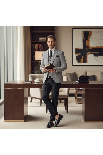 Kazayağı Slim Fit Desenli Mono Yaka Çift Yırtmaçlı Astarlı Takim Elbise