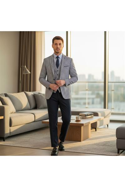 Kazayağı Slim Fit Desenli Mono Yaka Çift Yırtmaçlı Astarlı Takim Elbise