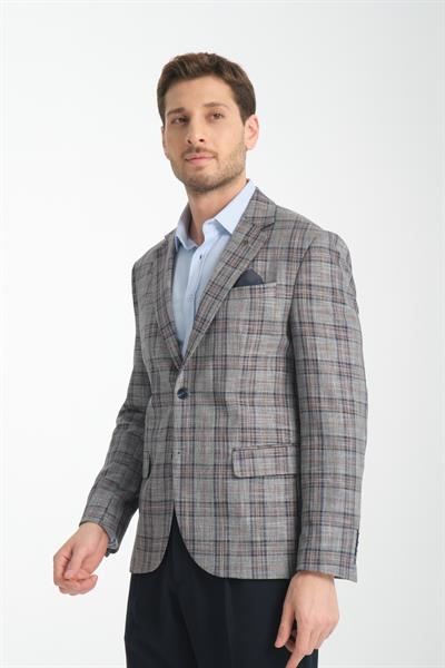 Keten Görünümlü Ekose Desenli Spor Erkek Blazer Mono Yaka Yarım Astar Ceket