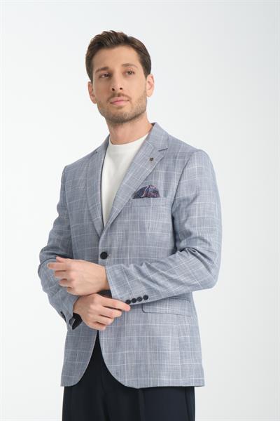 Keten Görünümlü İnce Ekose Slim Fit Erkek Blazer Ceket