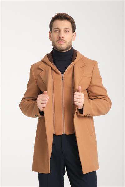 Koyu Camel Kapüşonlu Kalın Dik Yaka Erkek Kaşe Kaban Fermuarlı Regular Fit