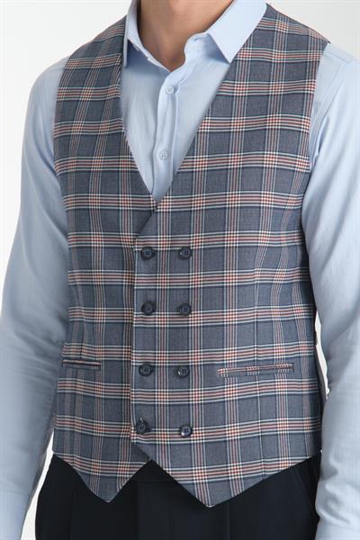 Lacivert-Bordo Ekose Desenli V Yaka Kruvaze Yelek Slim Fit