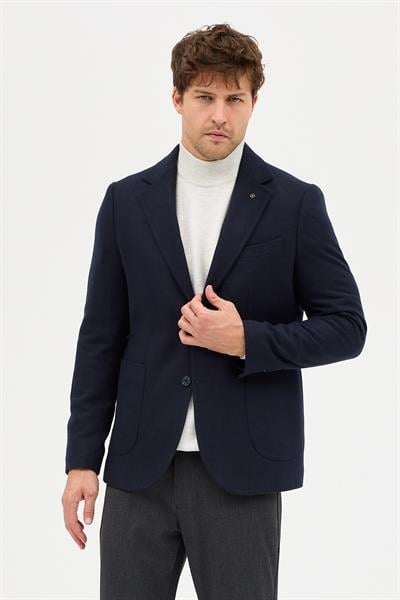 Lanz Erkek Koyu Lacivert Kaşe Kumaşlı Yarım Astar Torba Cepli Mono Yaka Spor Blazer Ceket