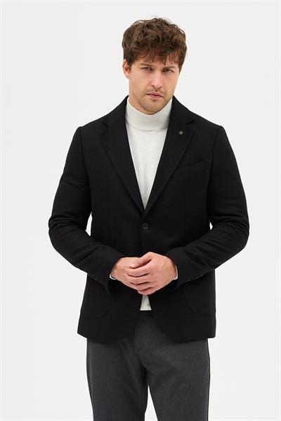 Lanz Erkek Siyah Kaşe Kumaşlı Yarım Astar Torba Cepli Mono Yaka Spor Blazer Ceket