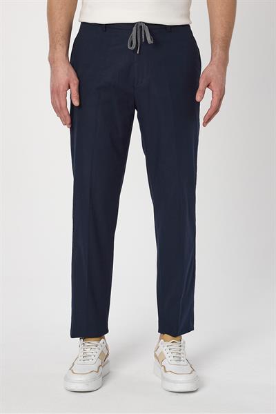 Laupes Erkek Lacivert Keten Karışımlı Jogger Fit Bağcıklı Yazlık Pantolon