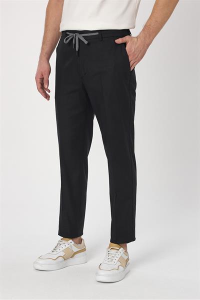 Laupes Erkek Siyah Keten Karışımlı Jogger Fit Bağcıklı Yazlık Pantolon