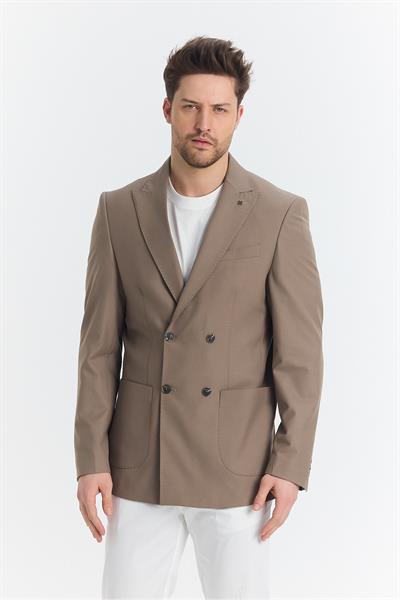 Leons Erkek Koyu Bej Kruvaze Torba Cepli Tam Astarlı Slim Fit Likralı Spor Blazer Ceket