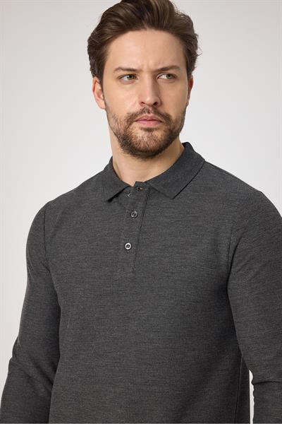 Lewin Erkek Antrasit %100 Pamuk Waffle Çekmeyen Esneyen Kumaş Slim Fit Uzun Kol Polo Tişört
