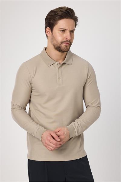 Lewin Erkek Bej %100 Pamuk Waffle Çekmeyen Esneyen Kumaş Slim Fit Uzun Kol Polo Tişört