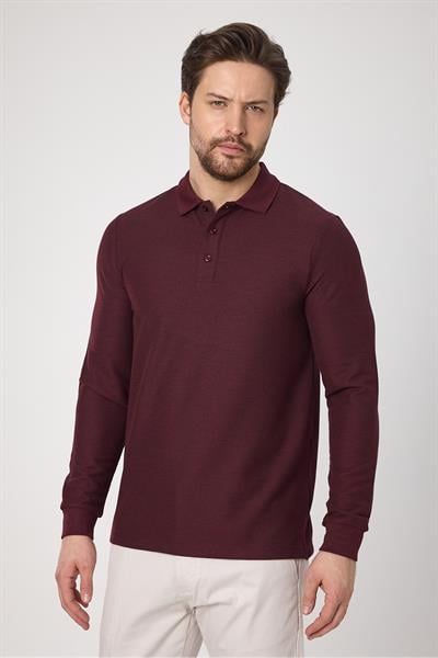 Lewin Erkek Bordo %100 Pamuk Waffle Çekmeyen Esneyen Kumaş Slim Fit Uzun Kol Polo Tişört