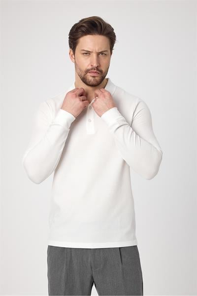 Lewin Erkek Ekru %100 Pamuk Waffle Çekmeyen Esneyen Kumaş Slim Fit Uzun Kol Polo Tişört
