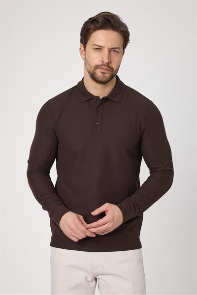 Lewin Erkek Koyu Kahve %100 Pamuk Waffle Çekmeyen Esneyen Kumaş Slim Fit Uzun Kol Polo Tişört