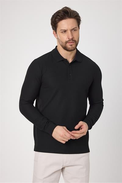 Lewin Erkek Siyah %100 Pamuk Waffle Çekmeyen Esneyen Örme Kumaş Slim Fit Uzun Kol Polo Tişört