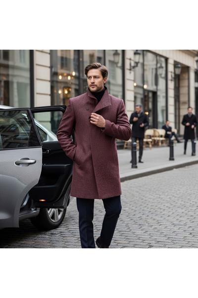 Liberto Erkek Bordo Şal Yaka Slim Fit Kaşe Kaban